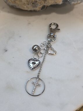 Hand Crafted Silver Heart & Cross Charm Keychain